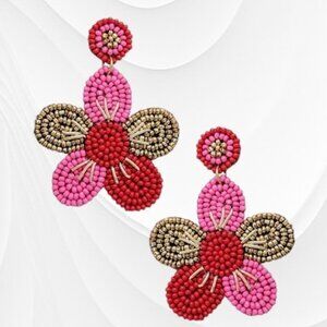 HANDMADE ~ Red Pink Flower Seed Bead Earrings